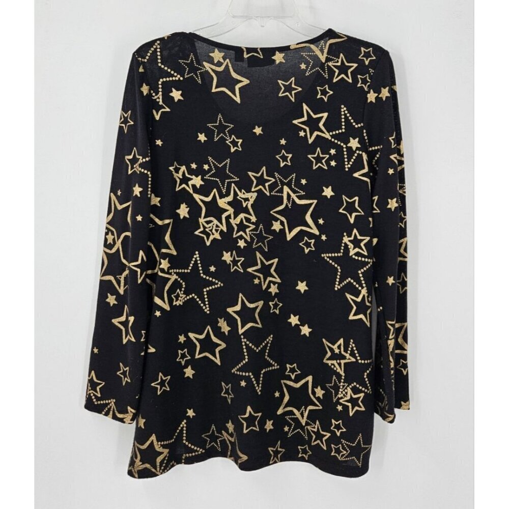 Onque Causal Sz L Black w/Gold Stars Stretch Long Sleeve Pullover Tunic Top - Picture 2 of 5